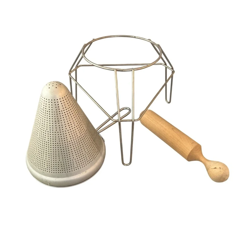 Vintage Aluminum Chinois Strainer Set with Wire Stand and Wooden Pestle Sieve